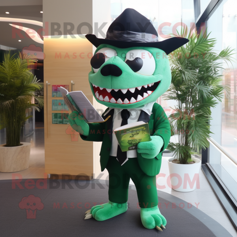 Forest Green Shark mascot costume character dressed with a Suit and Reading glasses