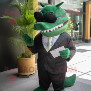 Forest Green Shark mascot costume character dressed with a Suit and Reading glasses