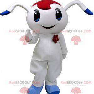 Wit en blauw konijn mascotte met een rode lont - Redbrokoly.com