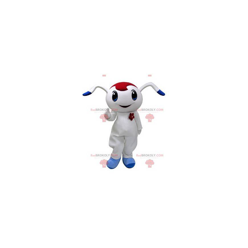 Biało-niebieski królik maskotka z czerwonym knotem -