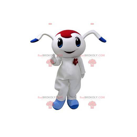 Mascotte coniglio bianco e blu con uno stoppino rosso -
