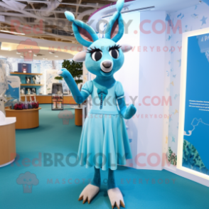 Sky Blue Roe Deer mascot costume character dressed with a Maxi Dress and Tie pins