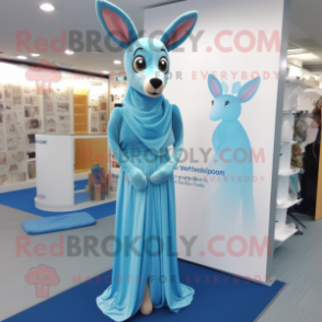 Sky Blue Roe Deer mascot costume character dressed with a Maxi Dress and Tie pins