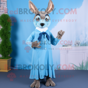 Sky Blue Roe Deer mascot costume character dressed with a Maxi Dress and Tie pins