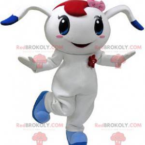 Wit en blauw konijn mascotte met een roze strik op het hoofd -