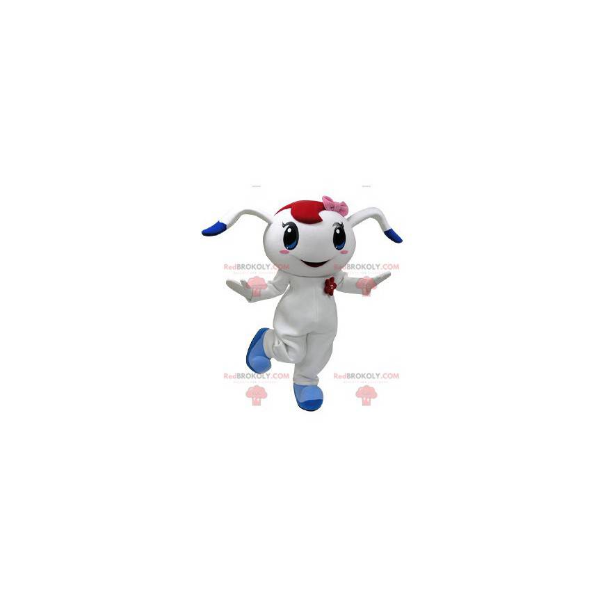 Mascote coelho branco e azul com um laço rosa na cabeça -