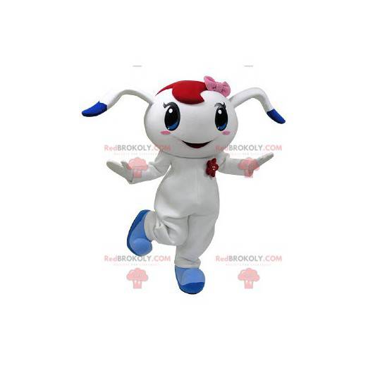 White and blue rabbit mascot with a pink bow on the head -
