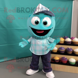 Teal Cupcake mascot costume character dressed with a Oxford Shirt and Wallets