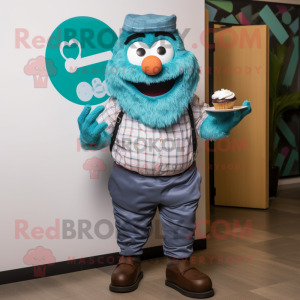 Teal Cupcake mascot costume character dressed with a Oxford Shirt and Wallets