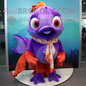 Purple Goldfish mascot costume character dressed with a Tank Top and Scarves