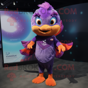Purple Goldfish mascot costume character dressed with a Tank Top and Scarves