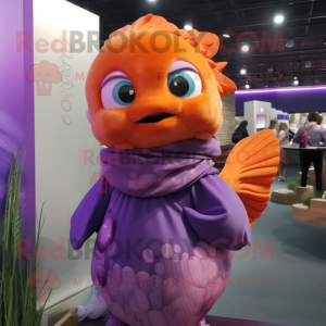 Purple Goldfish mascot costume character dressed with a Tank Top and Scarves