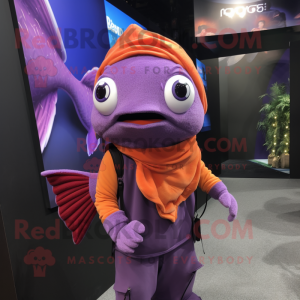 Purple Goldfish mascot costume character dressed with a Tank Top and Scarves