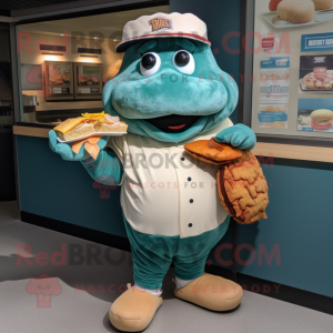 Teal Pulled Pork Sandwich mascot costume character dressed with a Baseball Tee and Wallets