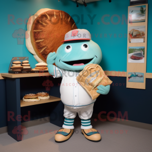 Teal Pulled Pork Sandwich mascot costume character dressed with a Baseball Tee and Wallets