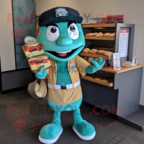 Teal Pulled Pork Sandwich mascot costume character dressed with a Baseball Tee and Wallets