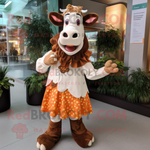 Rust Holstein Cow mascot costume character dressed with a A-Line Skirt and Earrings