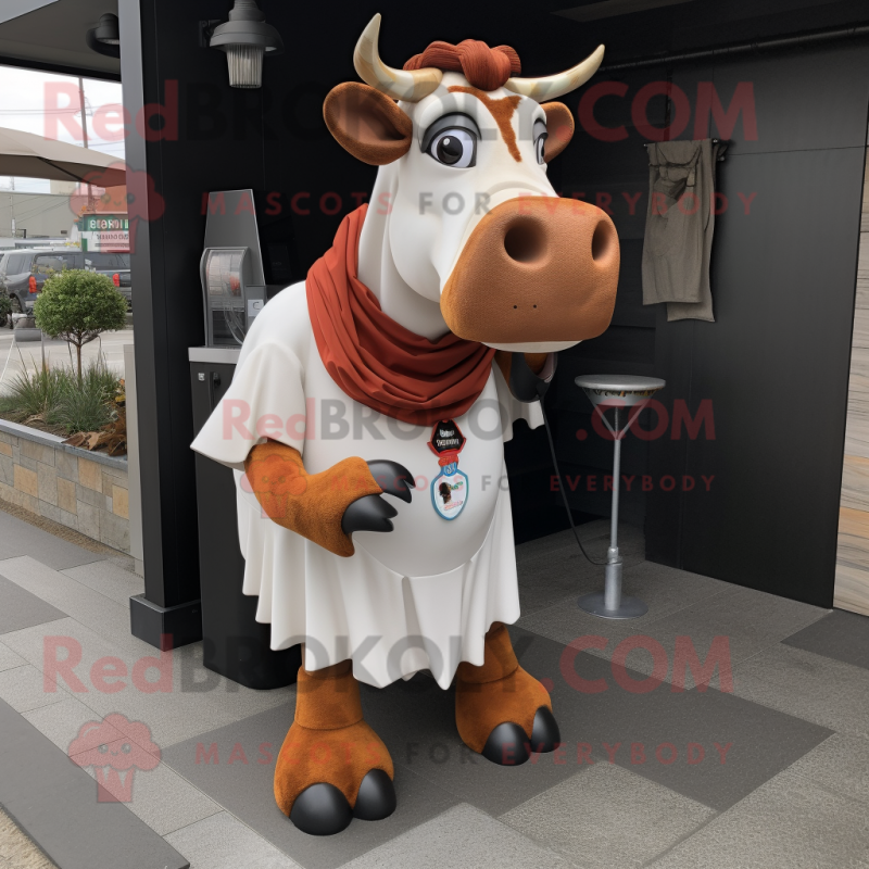 Rust Holstein Cow mascot costume character dressed with a A-Line Skirt and Earrings