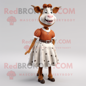 Rust Holstein Cow mascot costume character dressed with a A-Line Skirt and Earrings