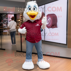 Maroon Swans mascot costume character dressed with a Boyfriend Jeans and Smartwatches