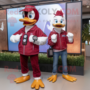Maroon Swans mascot costume character dressed with a Boyfriend Jeans and Smartwatches