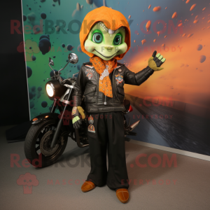 Olive Tikka Masala mascot costume character dressed with a Biker Jacket and Shawl pins