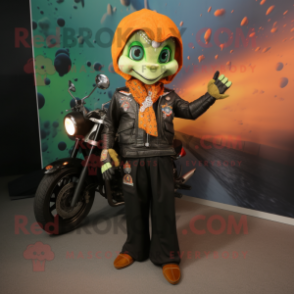 Olive Tikka Masala mascot costume character dressed with a Biker Jacket and Shawl pins