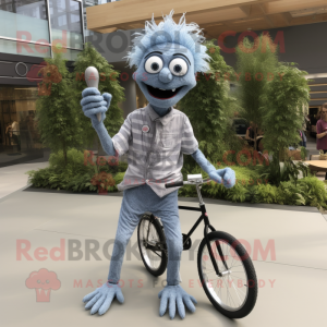 Silver Unicyclist mascot costume character dressed with a Chambray Shirt and Shoe clips