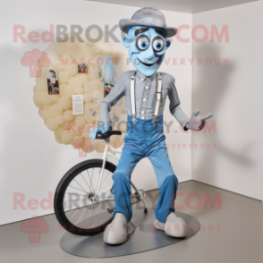 Silver Unicyclist mascot costume character dressed with a Chambray Shirt and Shoe clips