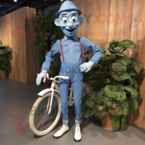 Silver Unicyclist mascot costume character dressed with a Chambray Shirt and Shoe clips