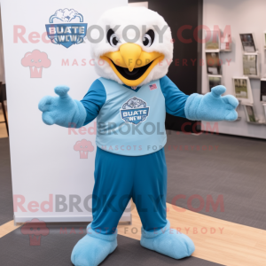 Sky Blue Bald Eagle mascot costume character dressed with a V-Neck Tee and Bracelet watches