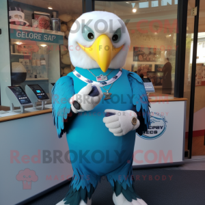 Sky Blue Bald Eagle mascot costume character dressed with a V-Neck Tee and Bracelet watches