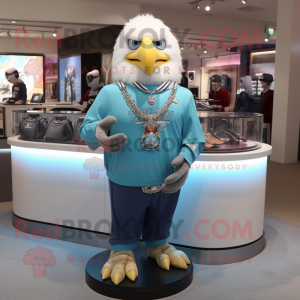 Sky Blue Bald Eagle mascot costume character dressed with a V-Neck Tee and Bracelet watches