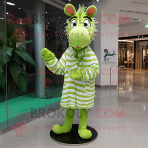 Lime Green Zebra mascot costume character dressed with a Raincoat and Earrings