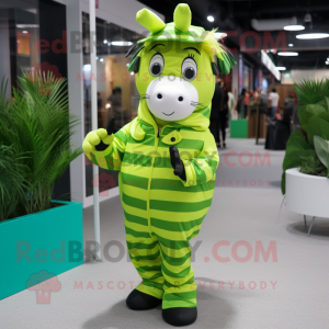 Lime Green Zebra mascot costume character dressed with a Raincoat and Earrings