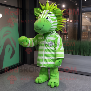 Lime Green Zebra mascot costume character dressed with a Raincoat and Earrings