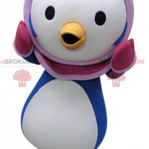 Mascotte pinguino blu e bianco con passamontagna rosa -