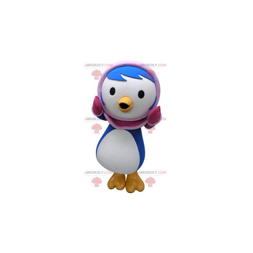 Blue and white penguin mascot with a pink balaclava -