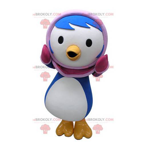 Mascotte de pingouin bleu et blanc avec une cagoule rose -