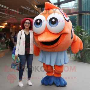 Peach Clown Fish mascot costume character dressed with a Mom Jeans and Eyeglasses