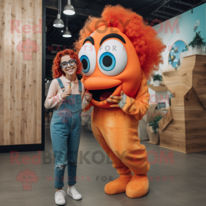 Peach Clown Fish mascot costume character dressed with a Mom Jeans and Eyeglasses
