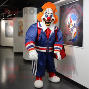 Navy Evil Clown mascot costume character dressed with a Jacket and Messenger bags