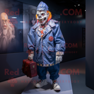 Navy Evil Clown mascot costume character dressed with a Jacket and Messenger bags