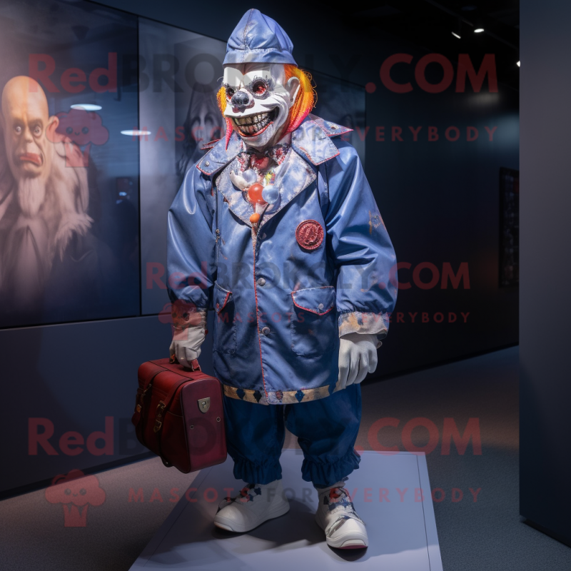 Navy Evil Clown mascot costume character dressed with a Jacket and Messenger bags Navy Evil Clown mascot costume character dressed with a Jacket and Messenger bags