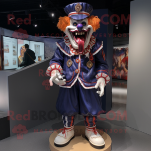 Navy Evil Clown mascot costume character dressed with a Jacket and Messenger bags
