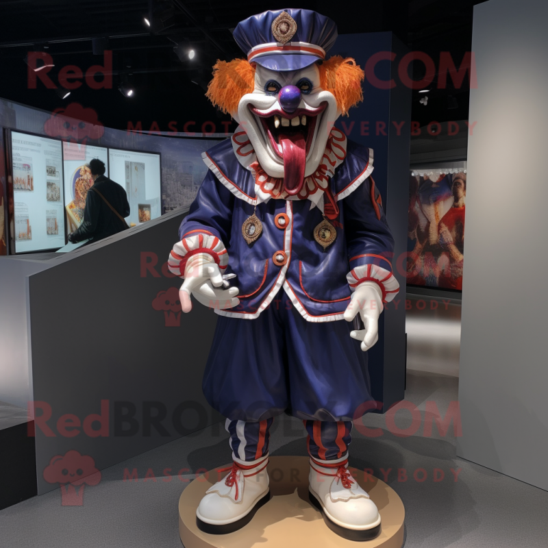Navy Evil Clown mascot costume character dressed with a Jacket and Messenger bags Navy Evil Clown mascot costume character dressed with a Jacket and Messenger bags