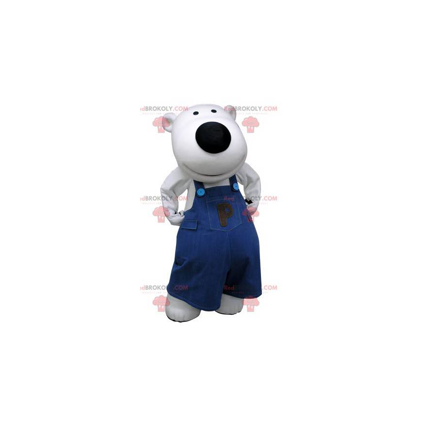 Mascotte d'ours blanc habillé d'une salopette bleue -