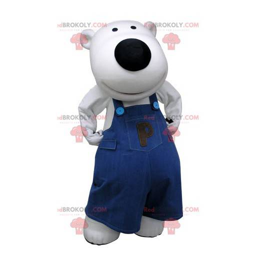 Mascotte d'ours blanc habillé d'une salopette bleue -