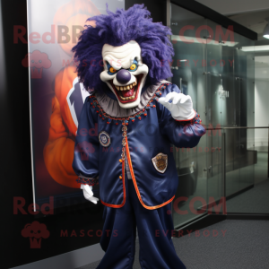 Navy Evil Clown mascot costume character dressed with a Jacket and Messenger bags