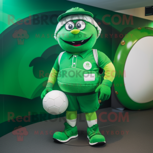 Green Rugby Ball mascot costume character dressed with a Vest and Caps